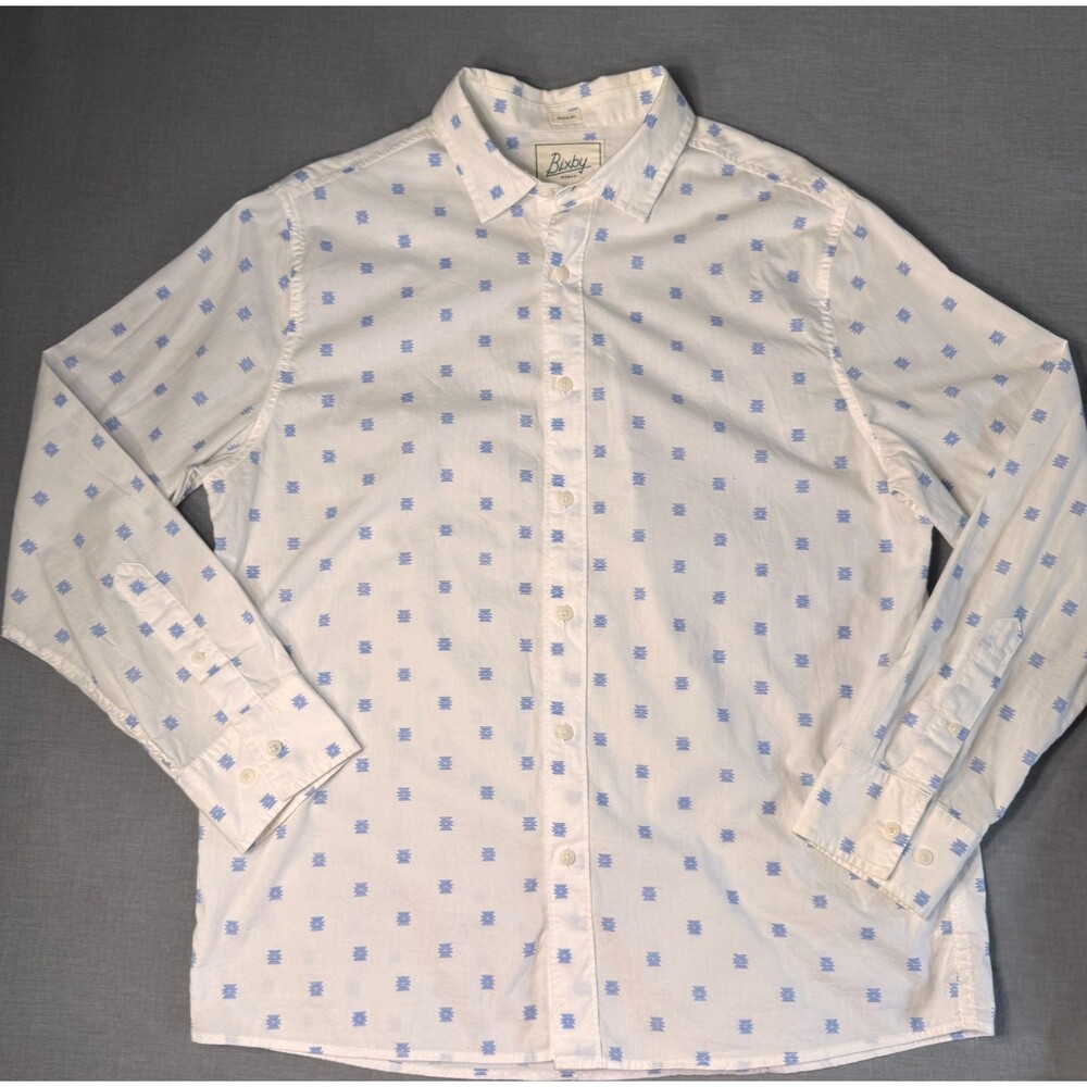 NEW Bixby Nomad Button‎ Up Shirt Men's Med Short, Long Sleeve White Blue Cotton